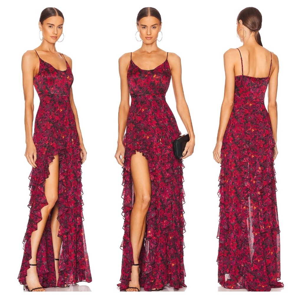 Cinq A Sept Stargazer Lilies Glenda Gown Size 4 Small Red Floral Maxi Dress EUC